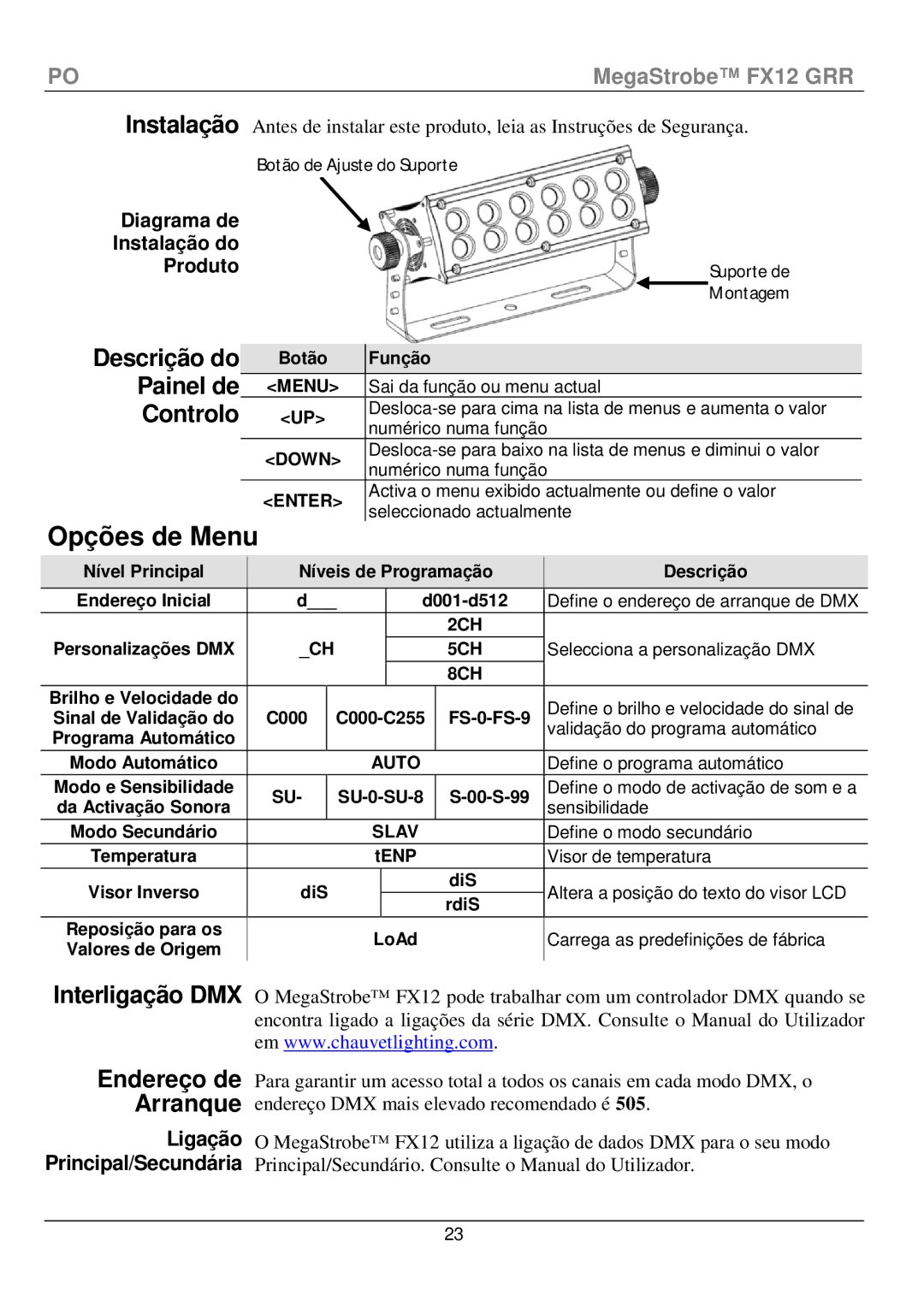 Chauvet fx12 manual Opções de Menu, Descrição do, Painel de, Controlo, Interligação DMX Endereço de Arranque 