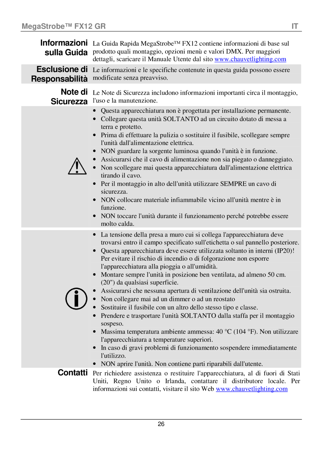 Chauvet fx12 manual Informazioni Sulla Guida, Sicurezza Contatti, Esclusione di Responsabilità 