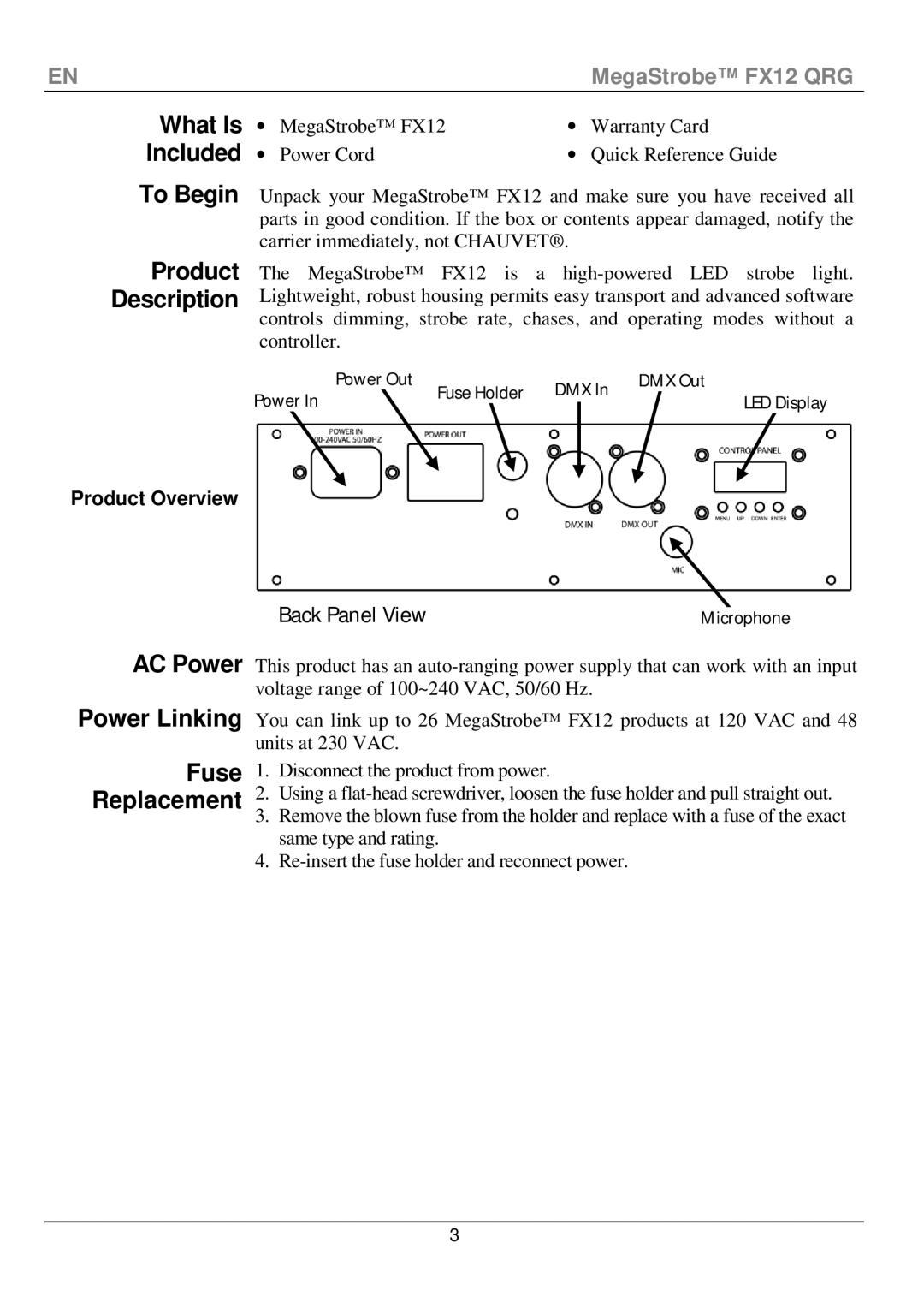 Chauvet fx12 What Is Included To Begin Product Description, AC Power Power Linking Fuse Replacement, Product Overview 