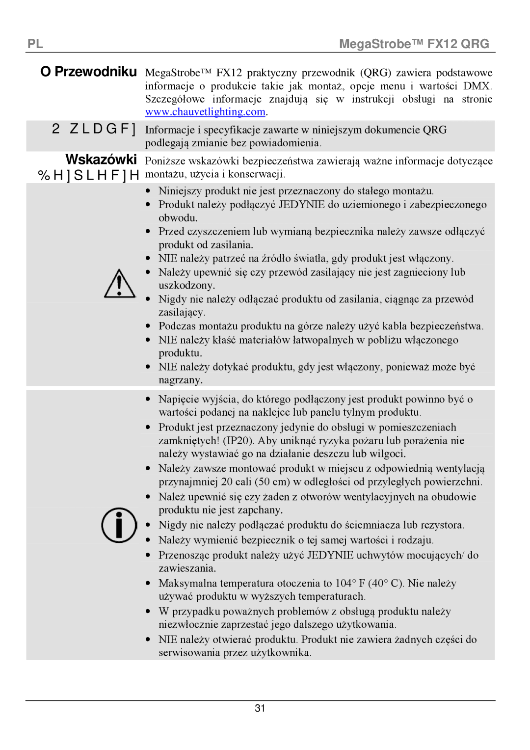 Chauvet fx12 manual Przewodniku Oświadczenie Wskazówki Bezpieczeństwa 