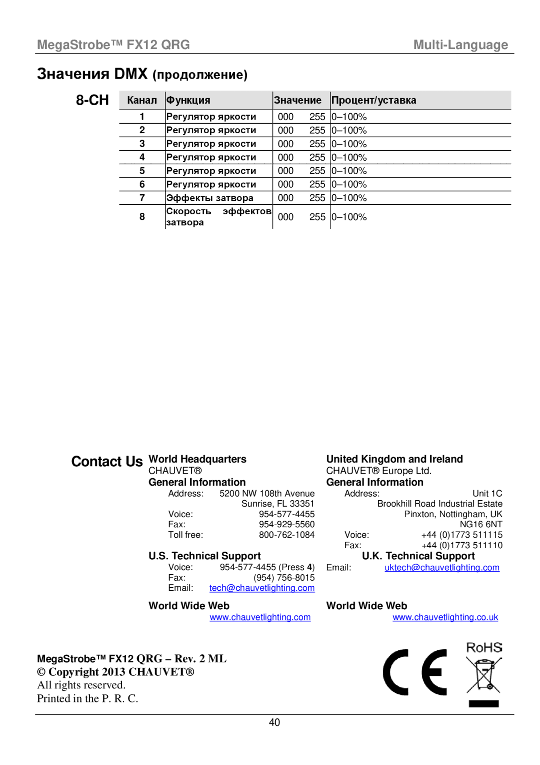 Chauvet fx12 manual Значения DMX продолжение, Contact Us 