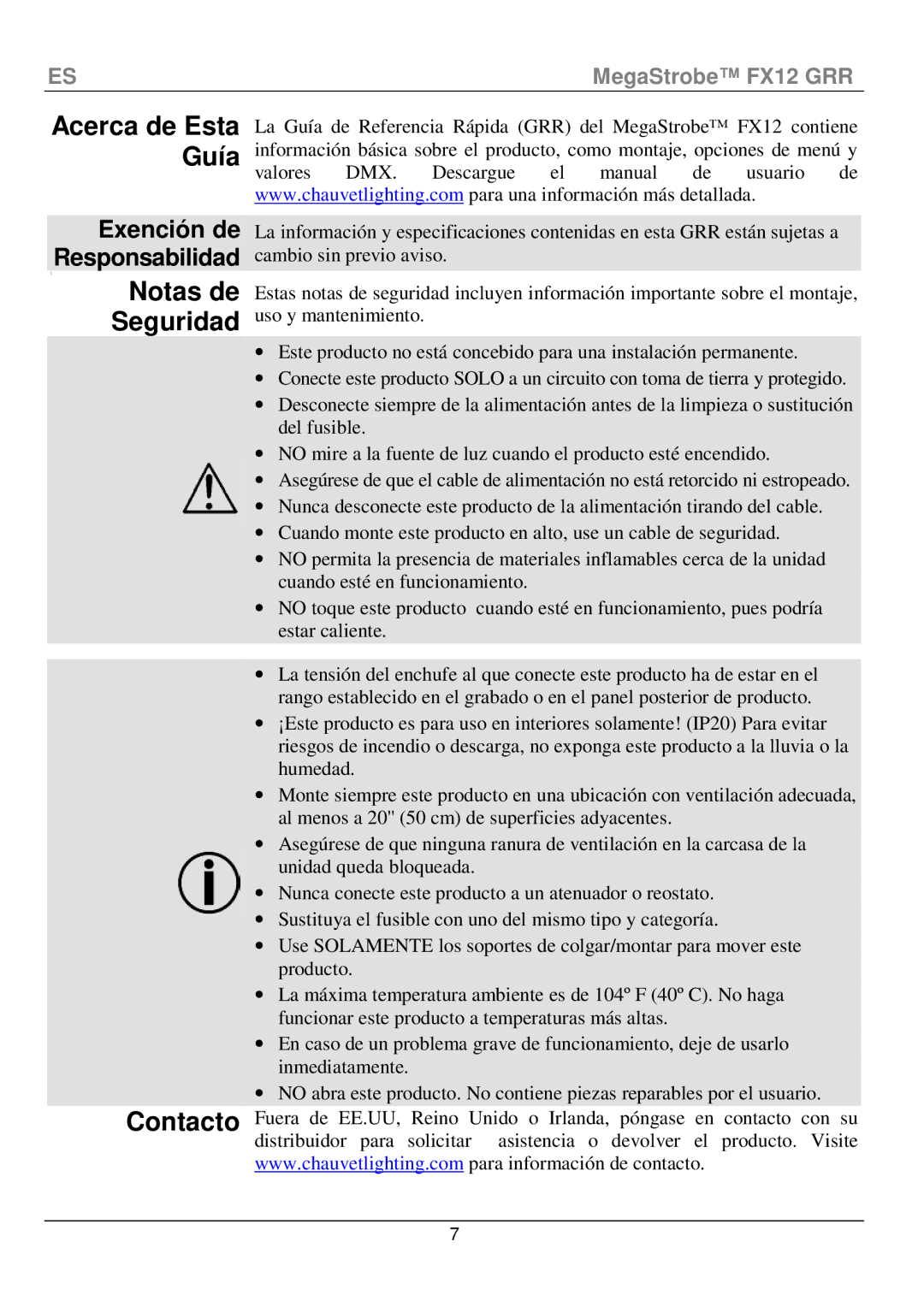 Chauvet fx12 manual Acerca de Esta Guía, Notas de Seguridad Contacto, Exención de Responsabilidad 