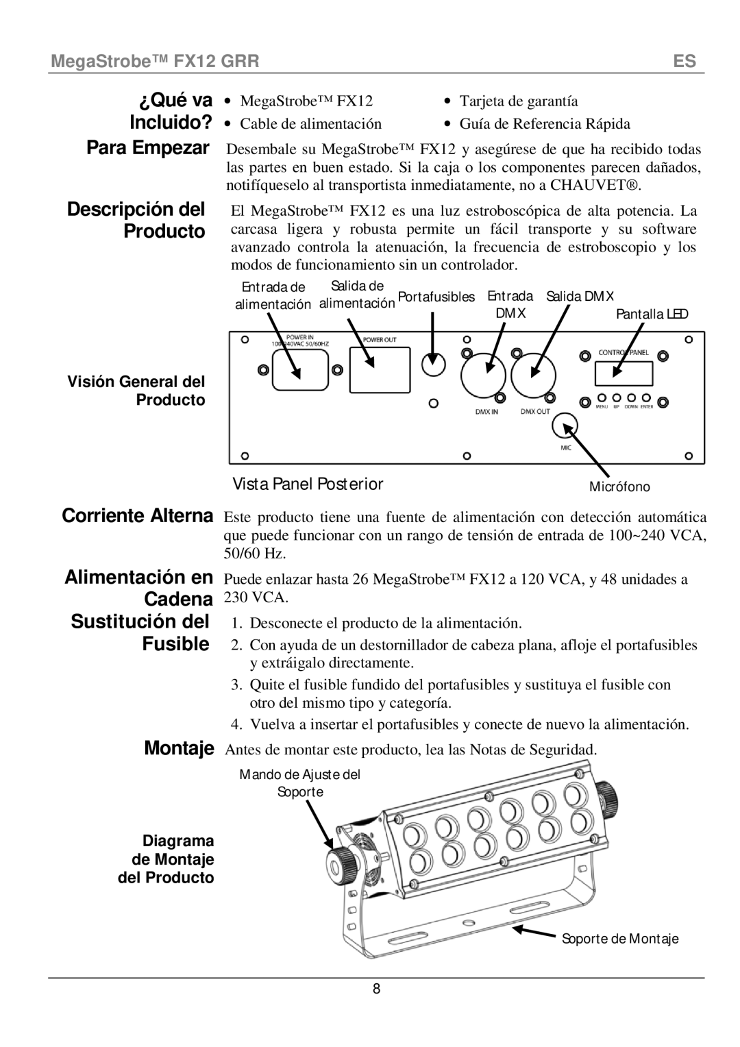 Chauvet fx12 manual Para Empezar, ¿Qué va Incluido?, Descripción del Producto, Visión General del Producto 