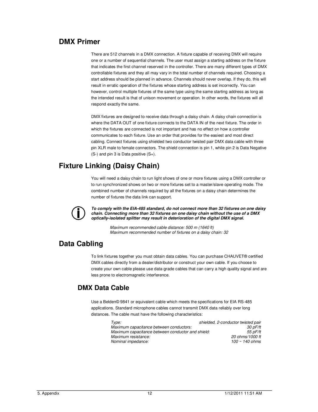 Chauvet Home Safety Product user manual DMX Primer, Fixture Linking Daisy Chain, Data Cabling, DMX Data Cable 