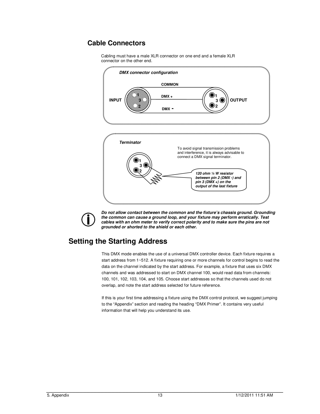 Chauvet Home Safety Product user manual Setting the Starting Address, Cable Connectors 