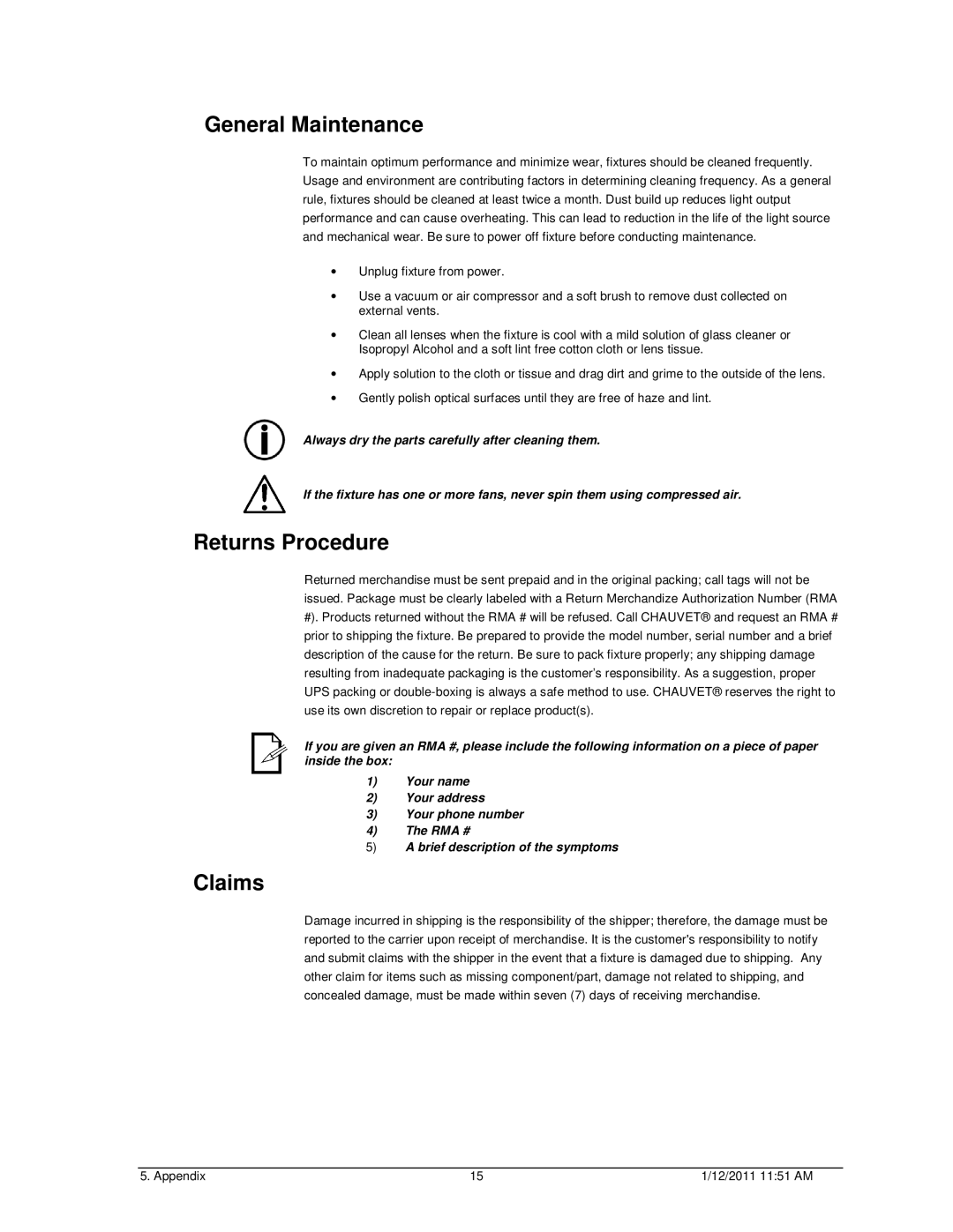 Chauvet Home Safety Product user manual General Maintenance, Returns Procedure, Claims 