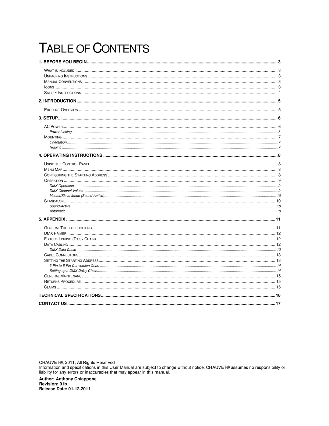 Chauvet Home Safety Product user manual Table of Contents 