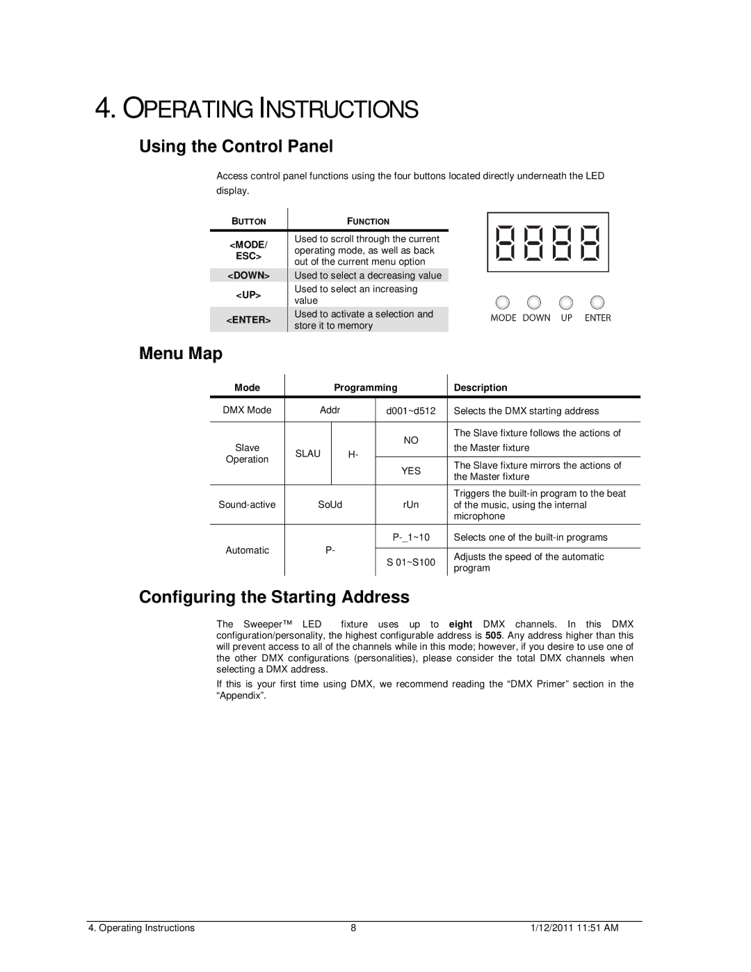 Chauvet Home Safety Product Operating Instructions, Using the Control Panel, Menu Map, Configuring the Starting Address 