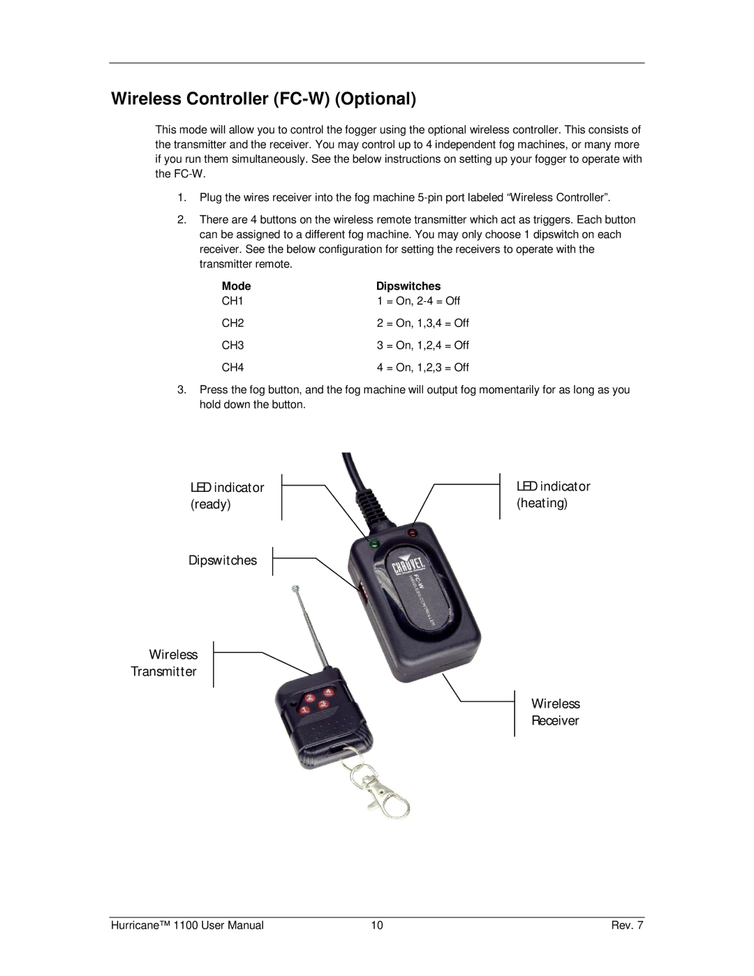 Chauvet Hurricane 1100 user manual Wireless Controller FC-W Optional, Mode Dipswitches 