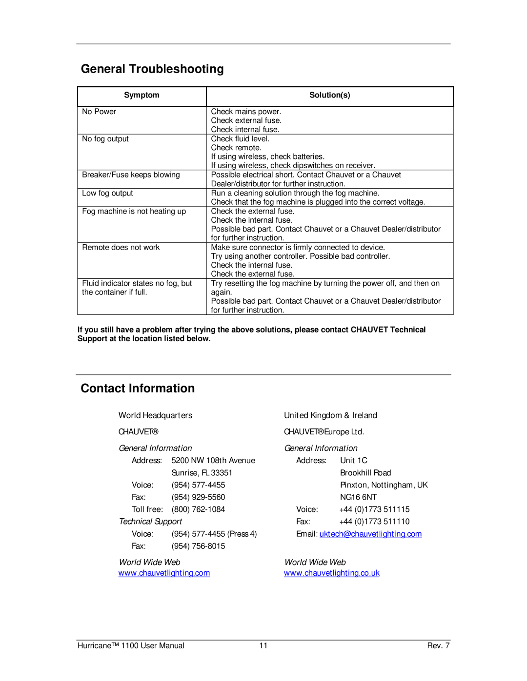 Chauvet Hurricane 1100 user manual General Troubleshooting, Contact Information 