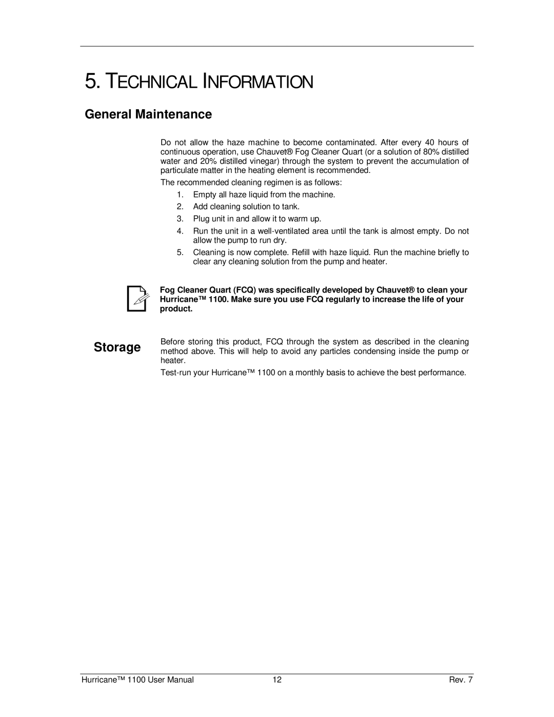 Chauvet Hurricane 1100 user manual Technical Information, General Maintenance, Storage 