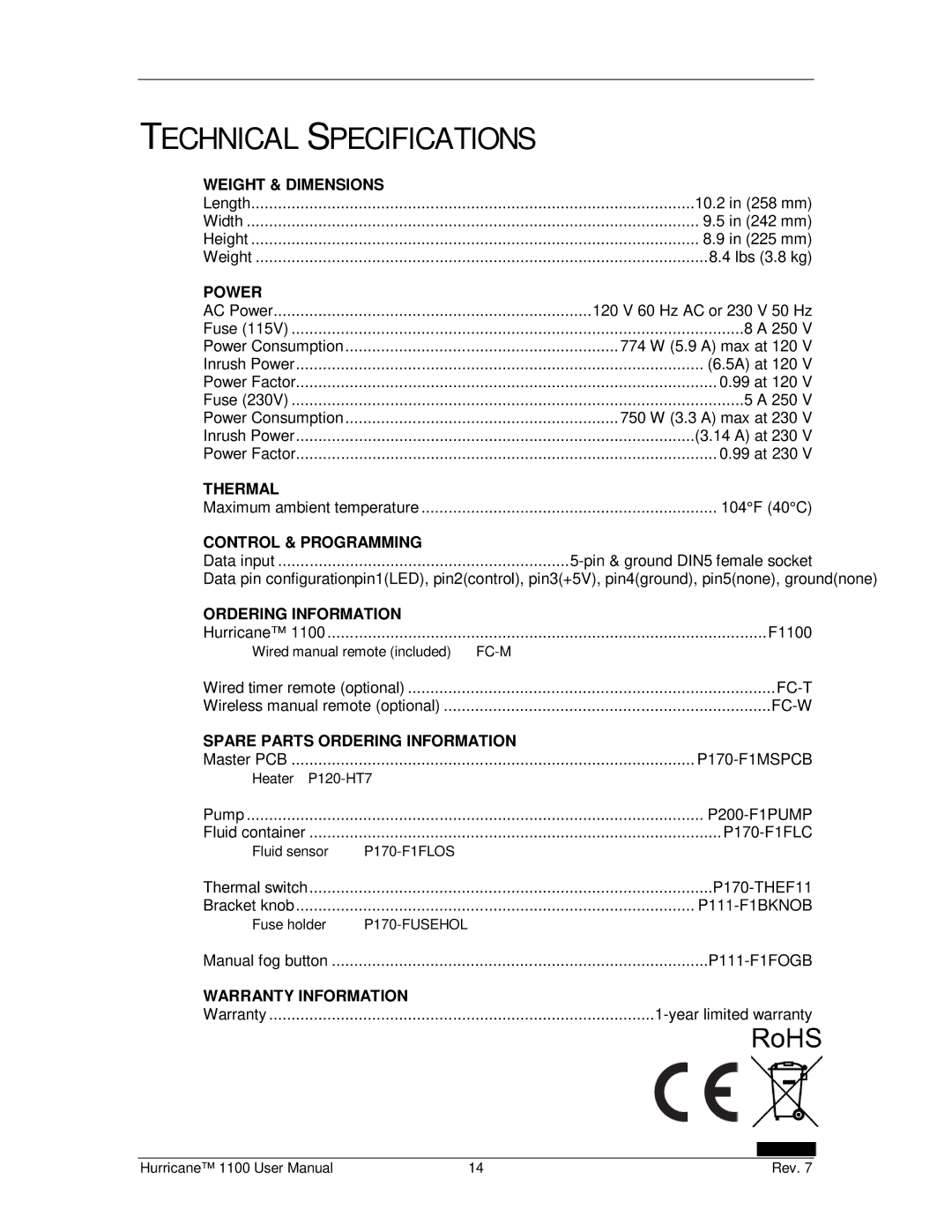 Chauvet Hurricane 1100 user manual Technical Specifications, Power 