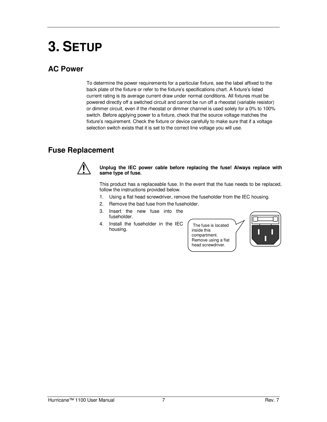 Chauvet Hurricane 1100 user manual Setup, AC Power, Fuse Replacement 