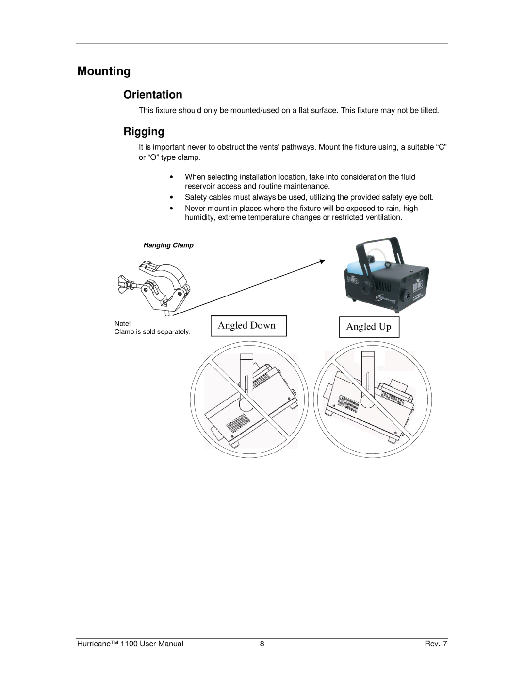 Chauvet Hurricane 1100 user manual Mounting, Orientation 