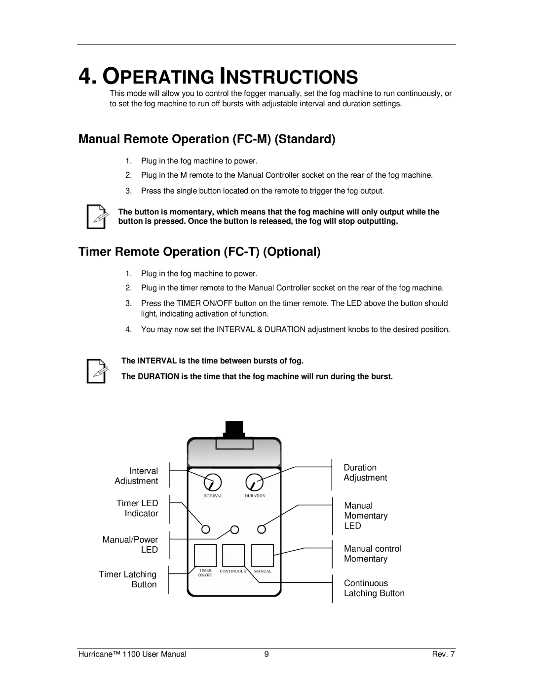 Chauvet Hurricane 1100 Operating Instructions, Manual Remote Operation FC-M Standard, Timer Remote Operation FC-T Optional 