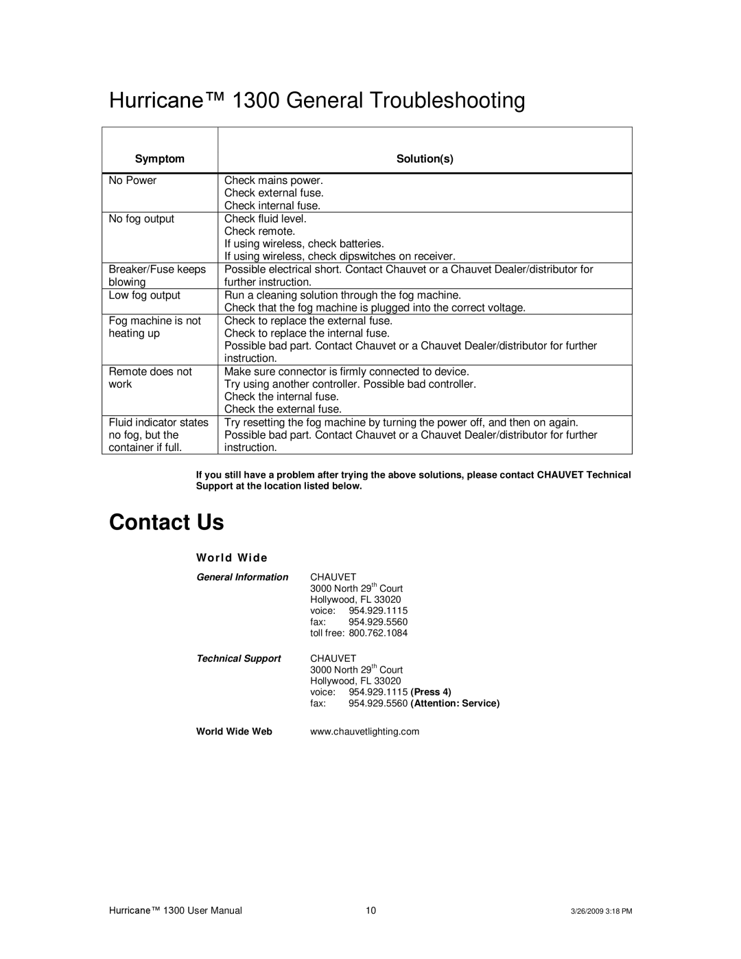 Chauvet user manual Hurricane 1300 General Troubleshooting, Contact Us 