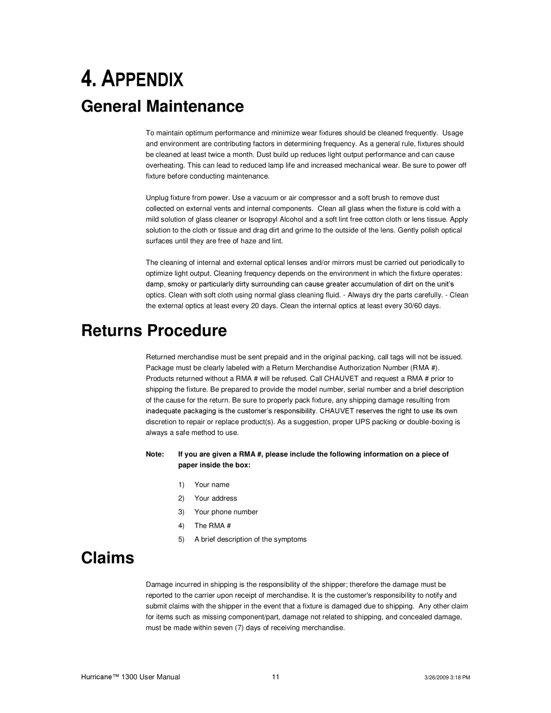 Chauvet Hurricane 1300 user manual Appendix, General Maintenance, Returns Procedure, Claims 