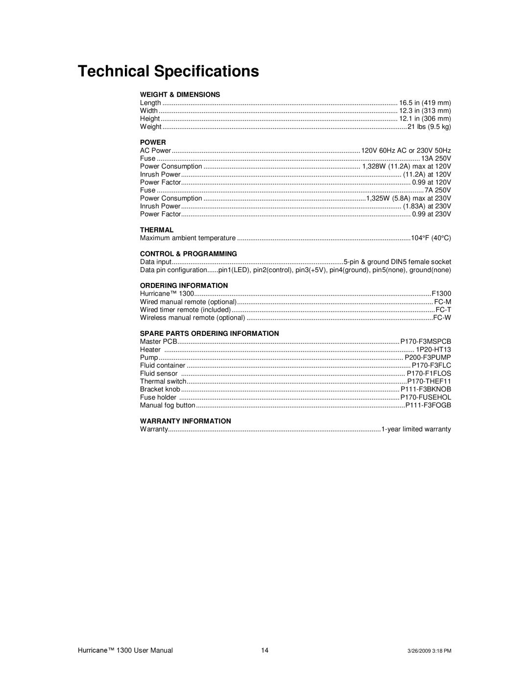 Chauvet Hurricane 1300 user manual Technical Specifications, Power 