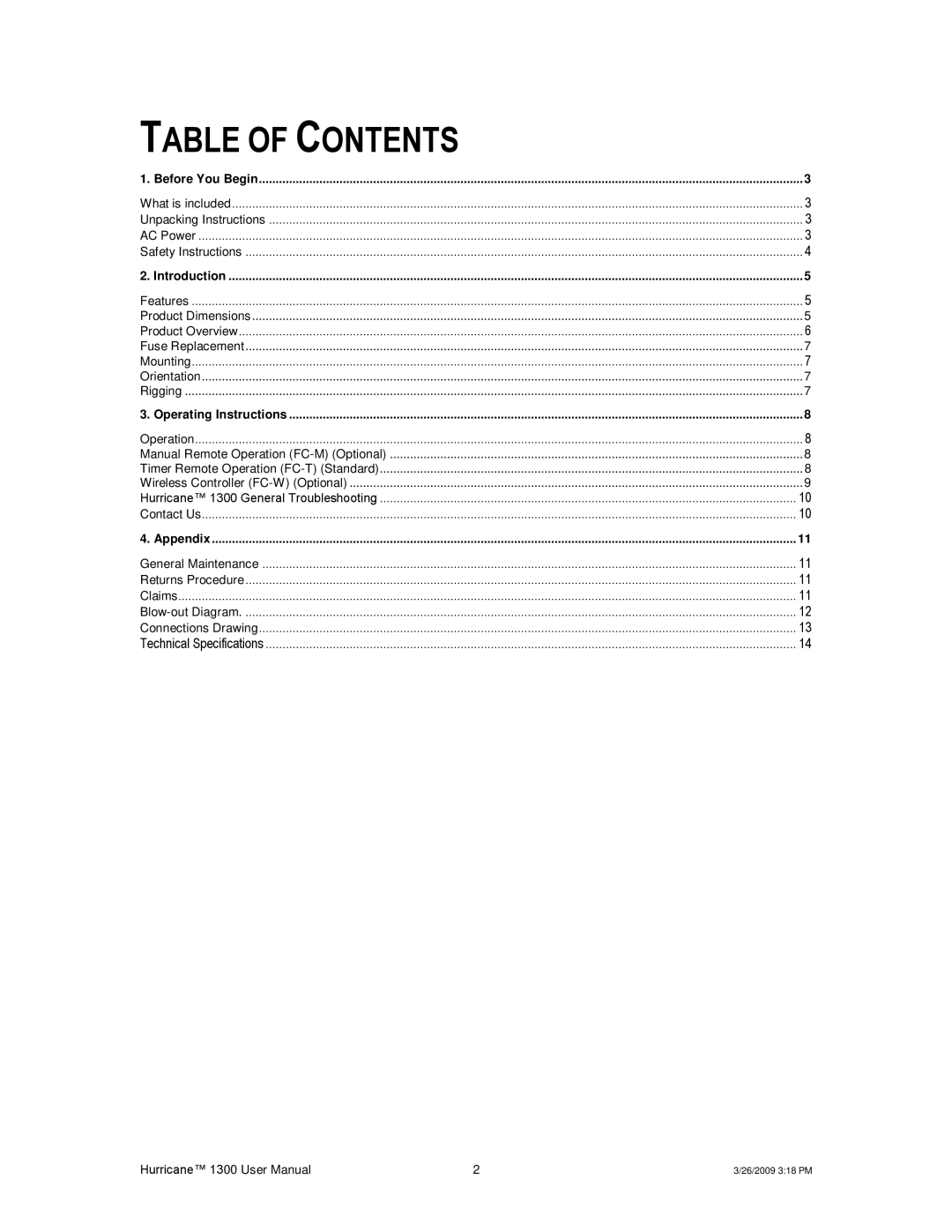 Chauvet Hurricane 1300 user manual Table of Contents 