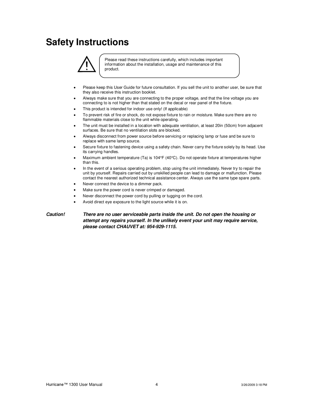 Chauvet Hurricane 1300 user manual Safety Instructions, Replace with same lamp source 