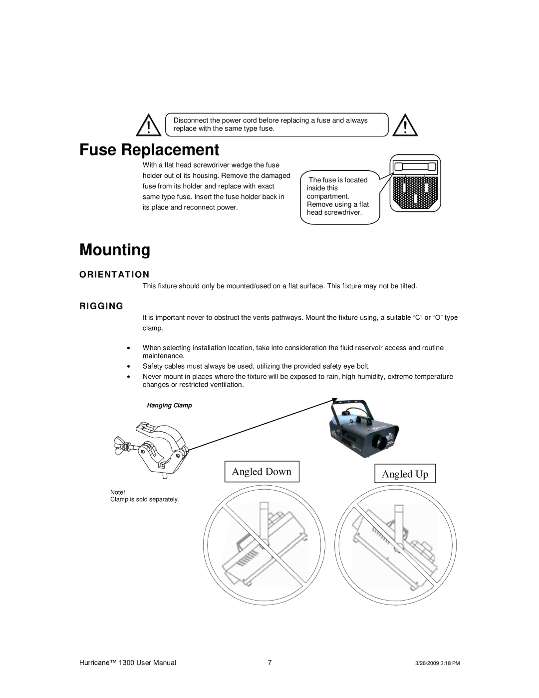 Chauvet Hurricane 1300 user manual Fuse Replacement, Mounting 