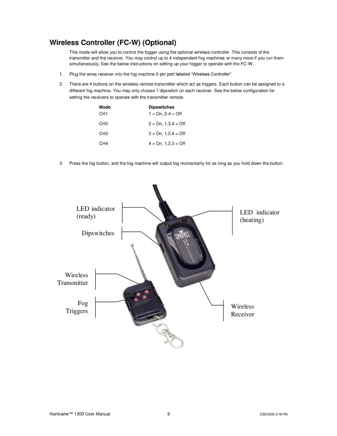 Chauvet Hurricane 1300 user manual Wireless Controller FC-W Optional 