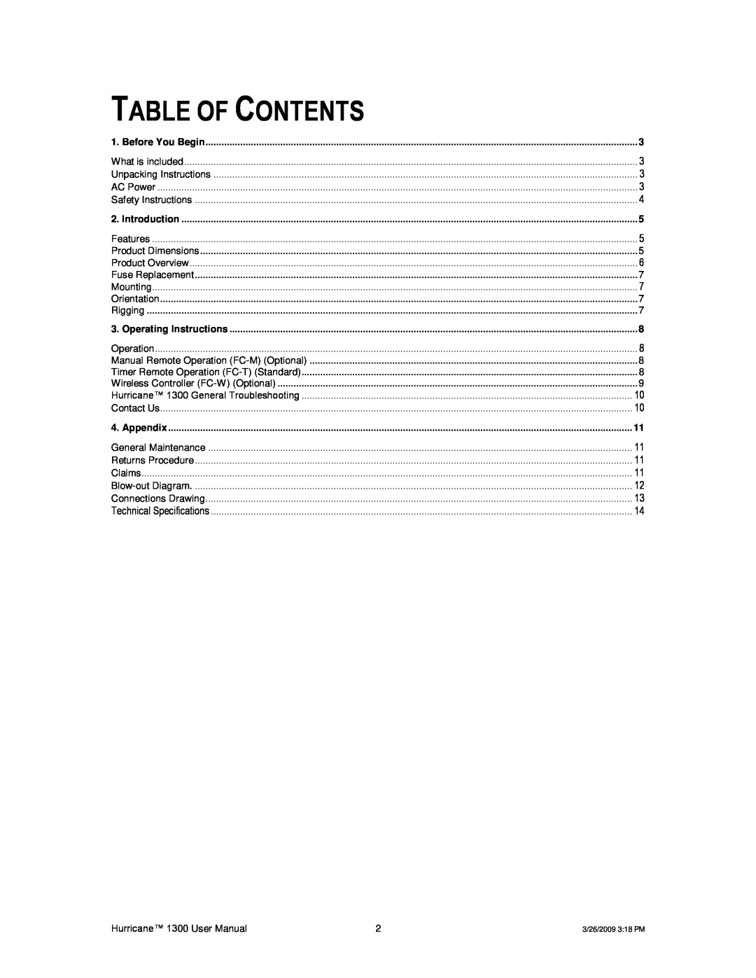 Chauvet Hurricane 1300 user manual Table Of Contents 