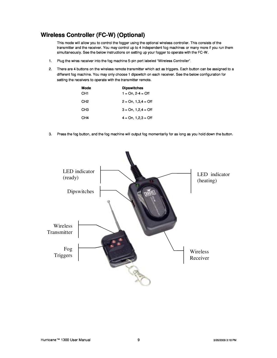 Chauvet Hurricane 1300 user manual Wireless Controller FC-W Optional, LED indicator heating Wireless Receiver, Mode 