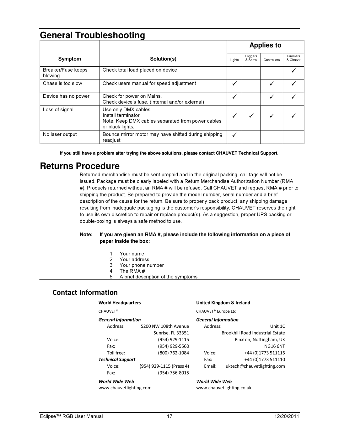 Chauvet model  EN, IEC 60825-1:2007 manual General Troubleshooting, Returns Procedure 