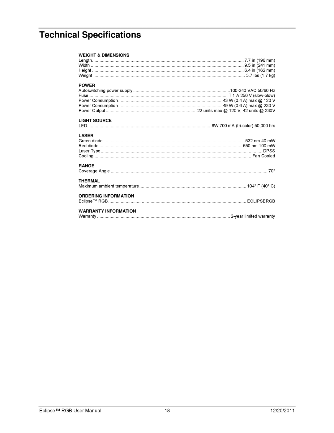 Chauvet IEC 60825-1:2007, model  EN manual Technical Specifications, Power 