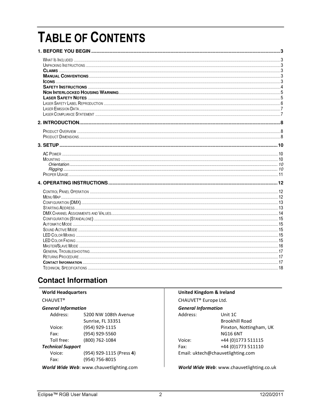 Chauvet IEC 60825-1:2007, model  EN manual Table of Contents 