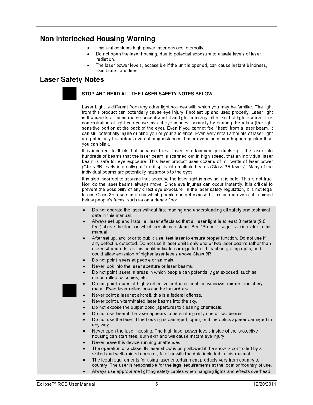 Chauvet model  EN, IEC 60825-1:2007 manual Non Interlocked Housing Warning, Laser Safety Notes 