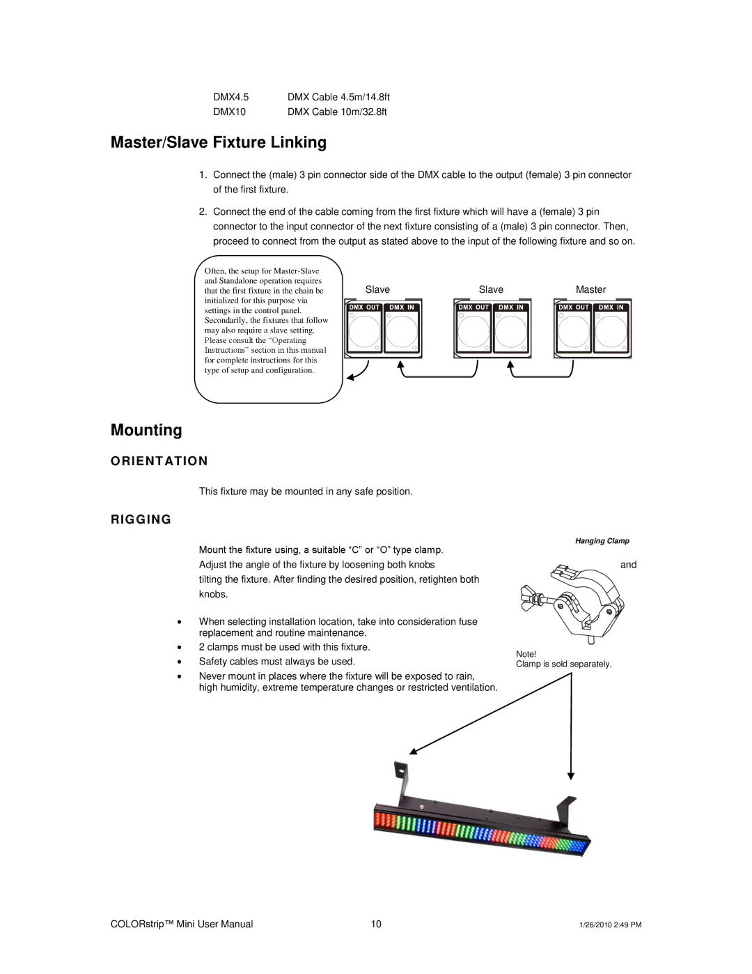 Chauvet Indoor Furnishings user manual Master/Slave Fixture Linking, Mounting 