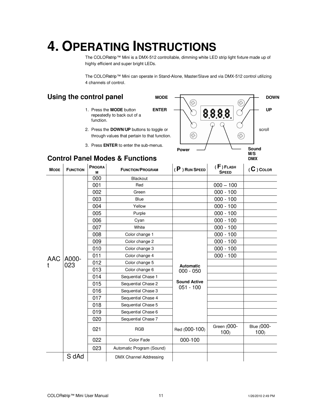 Chauvet Indoor Furnishings user manual Operating Instructions, Using the control panel, Control Panel Modes & Functions 