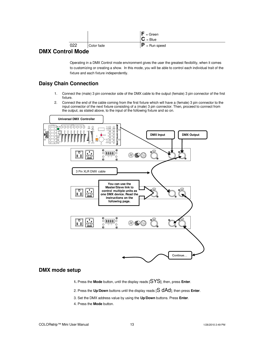 Chauvet Indoor Furnishings user manual DMX Control Mode, Daisy Chain Connection 