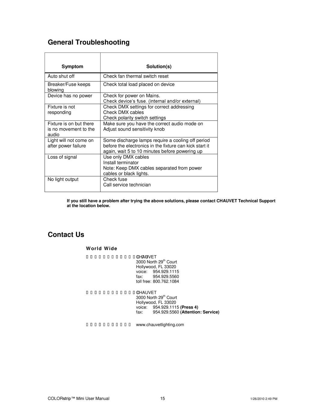 Chauvet Indoor Furnishings user manual General Troubleshooting, Contact Us 