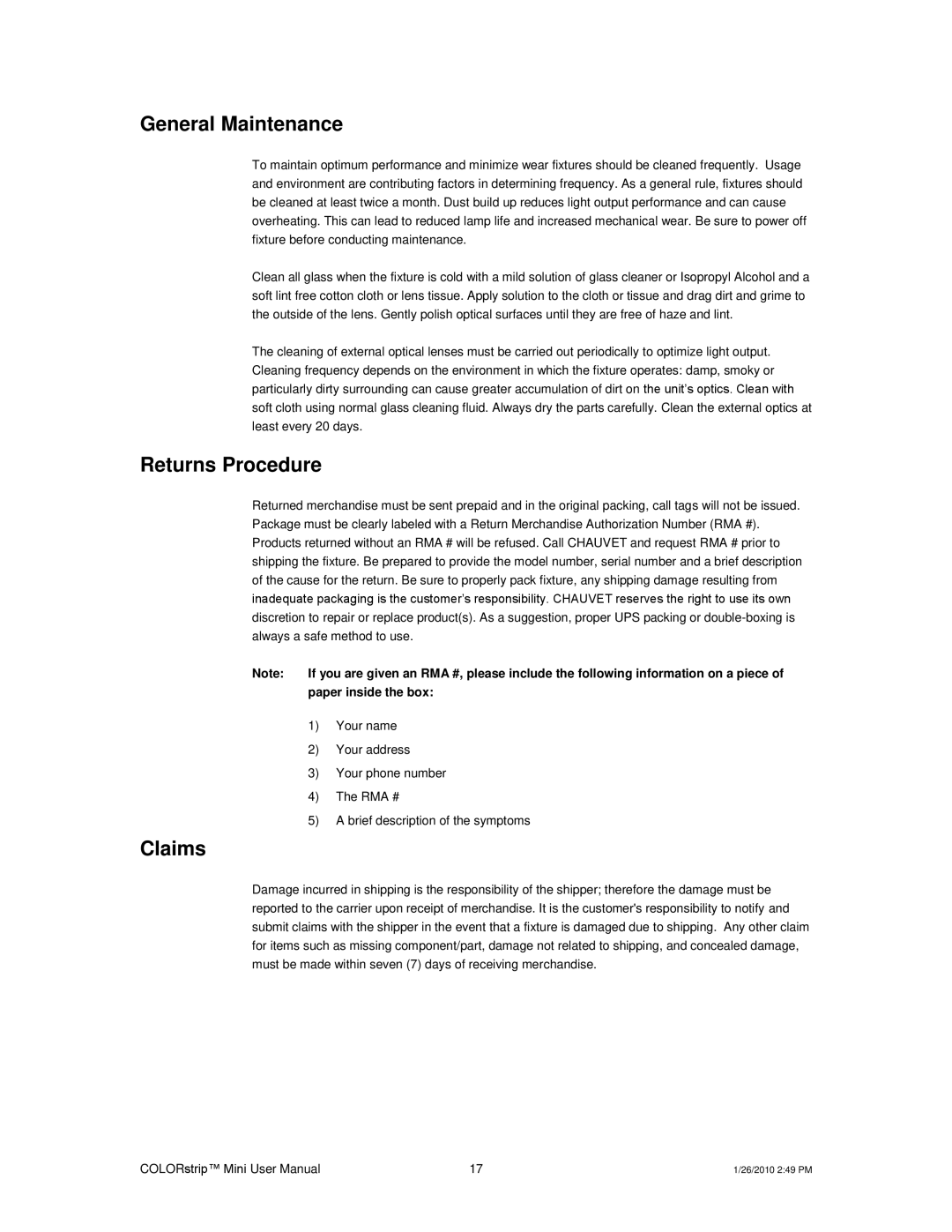 Chauvet Indoor Furnishings user manual General Maintenance, Returns Procedure, Claims 