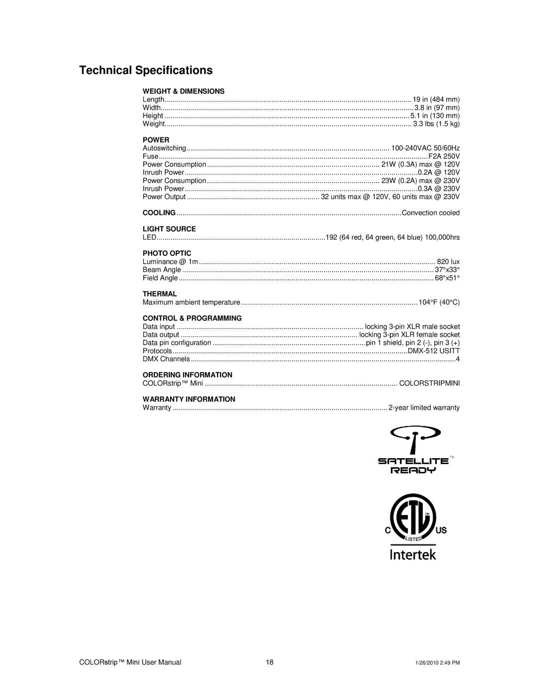 Chauvet Indoor Furnishings user manual Technical Specifications, Power 