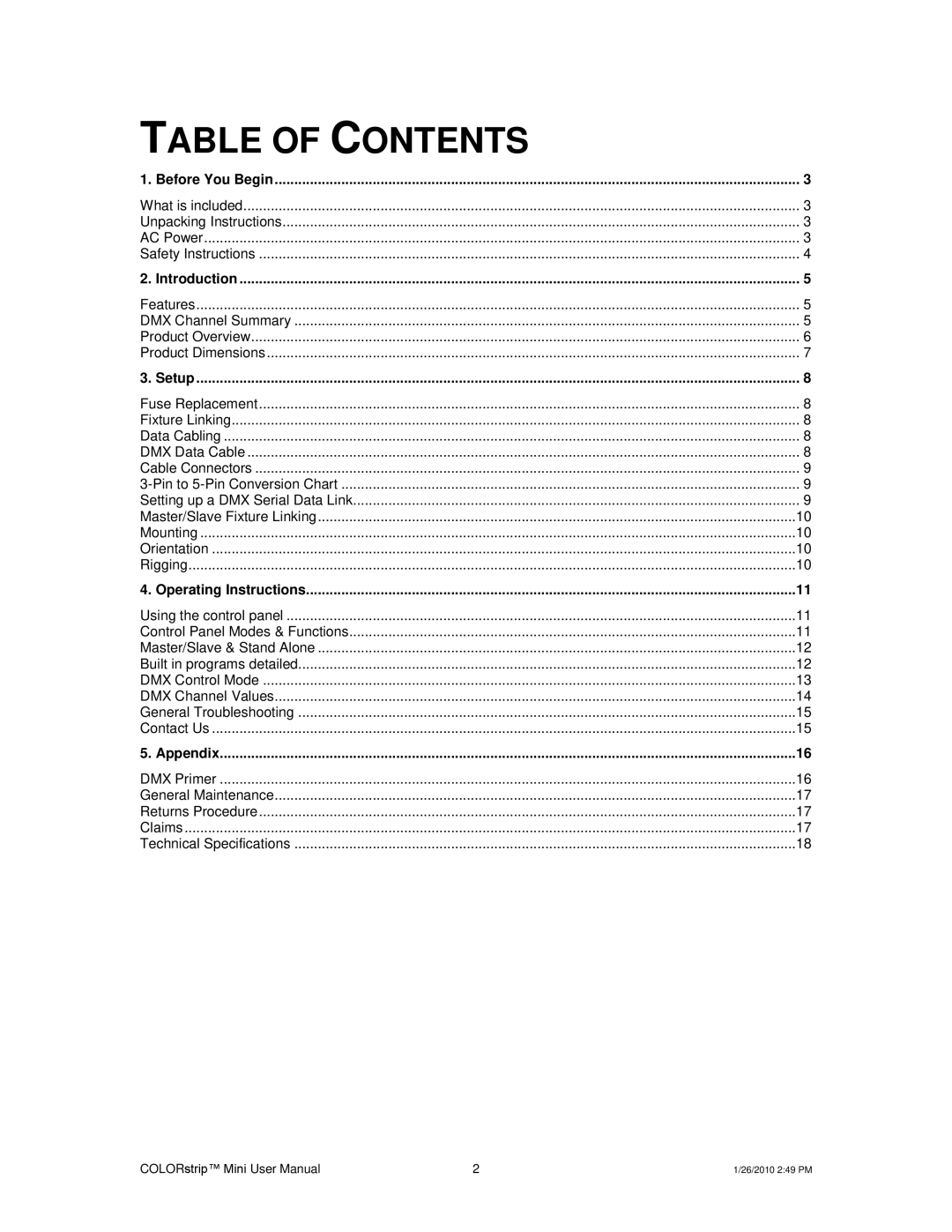 Chauvet Indoor Furnishings user manual Table of Contents 