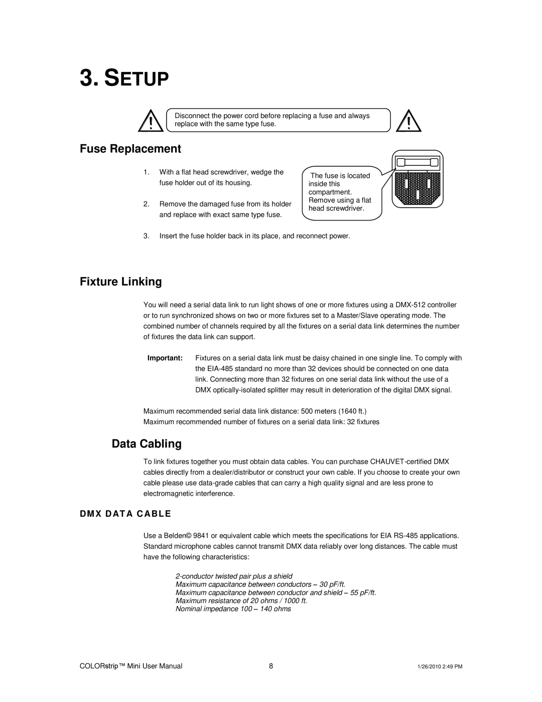 Chauvet Indoor Furnishings user manual Setup, Fuse Replacement, Fixture Linking, Data Cabling 