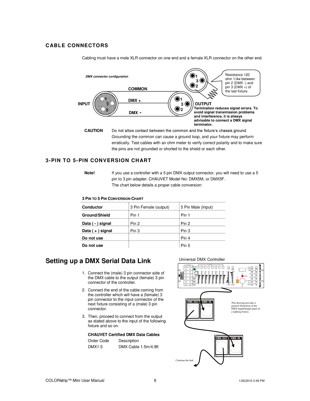 Chauvet Indoor Furnishings user manual Setting up a DMX Serial Data Link, Able Connectors 