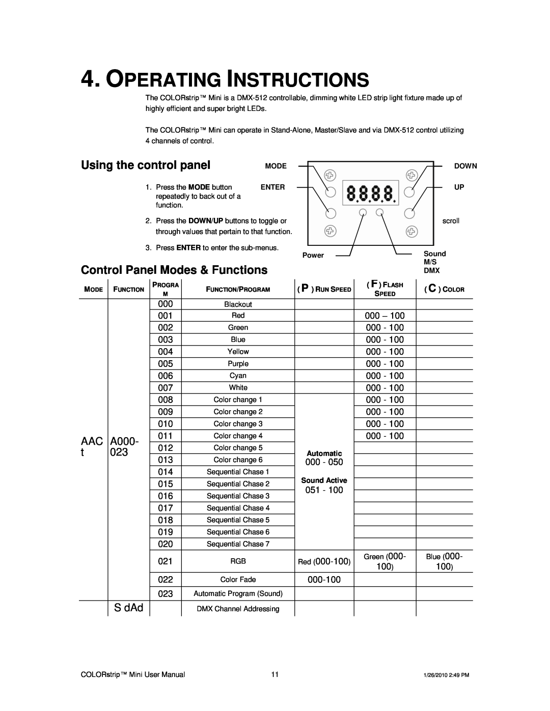 Chauvet Indoor Furnishings Operating Instructions, Using the control panel, Control Panel Modes & Functions, A000, S dAd 
