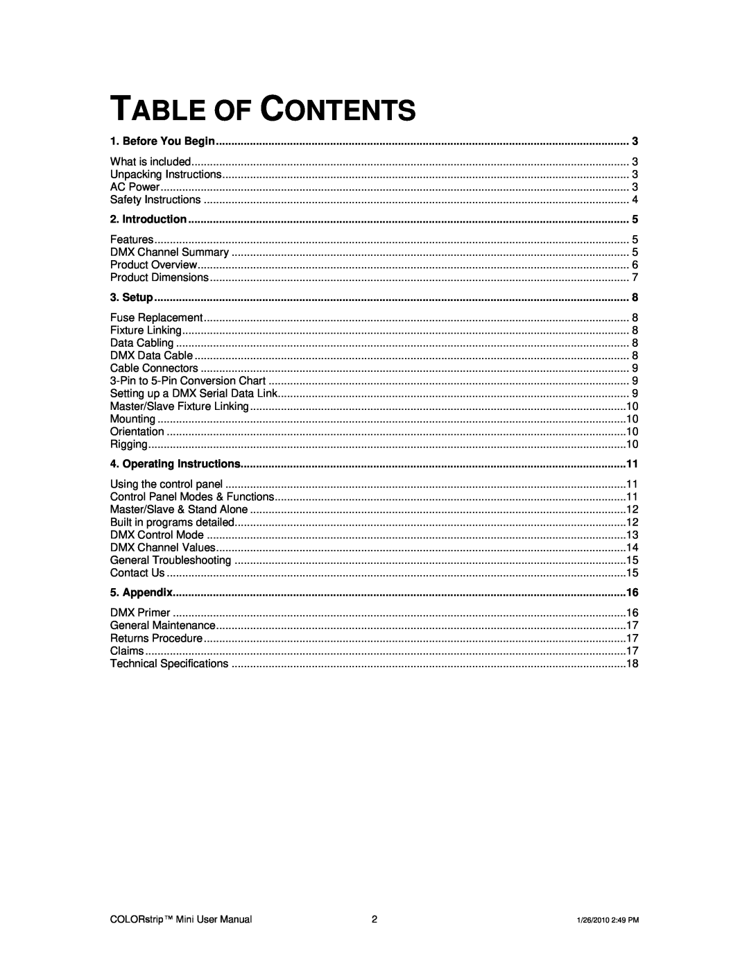 Chauvet Indoor Furnishings user manual Table Of Contents 