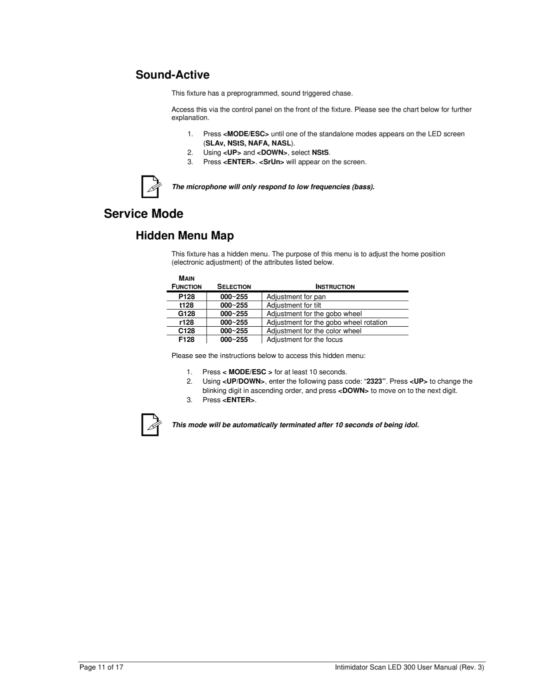 Chauvet INTIMIDATORSCANLED300 user manual Service Mode, Sound-Active, Hidden Menu Map 