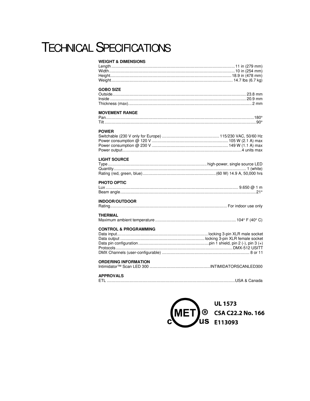 Chauvet INTIMIDATORSCANLED300 user manual Technical Specifications, Power 