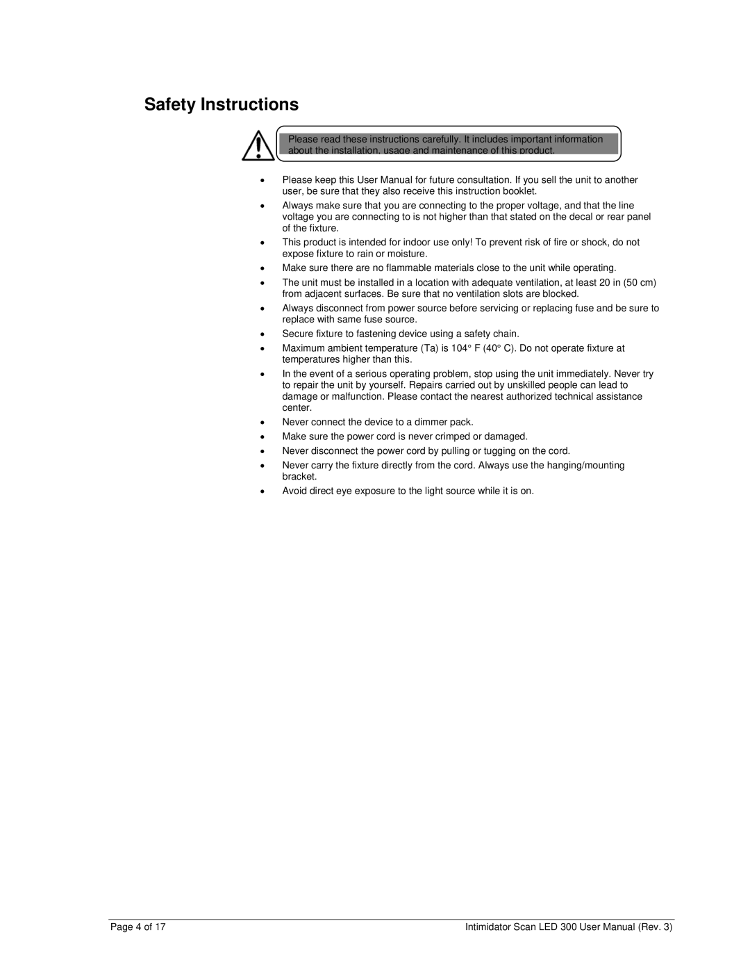 Chauvet INTIMIDATORSCANLED300 user manual Safety Instructions 