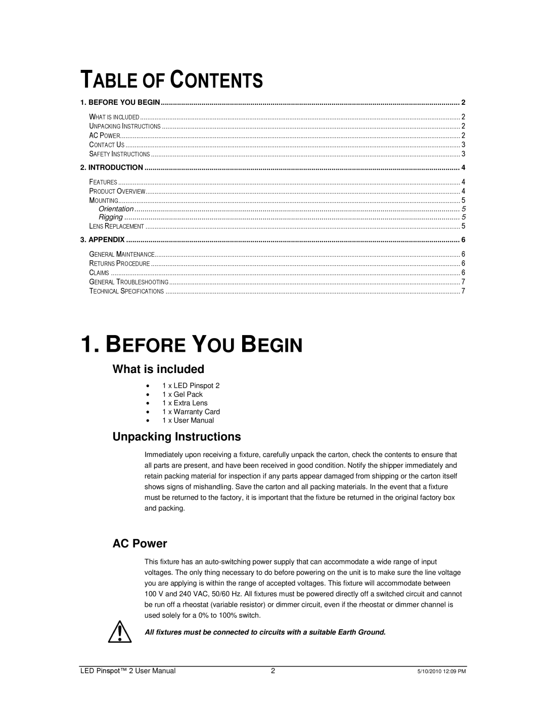 Chauvet Landscape Lighting user manual Table of Contents 