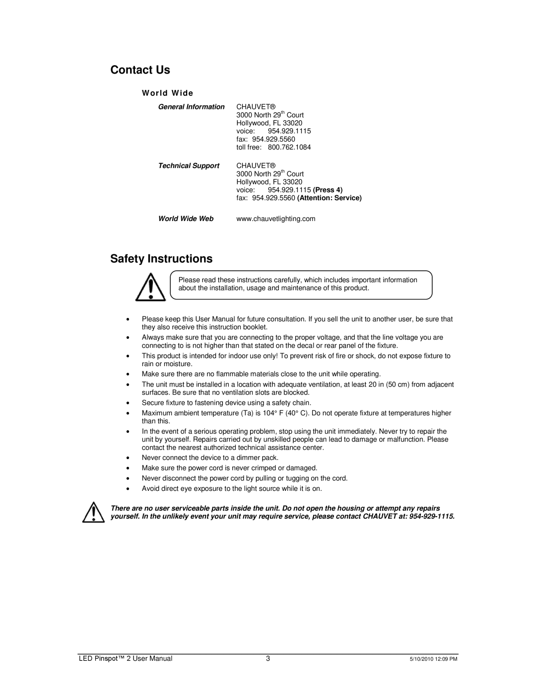 Chauvet Landscape Lighting user manual Contact Us, Safety Instructions, World W ide 