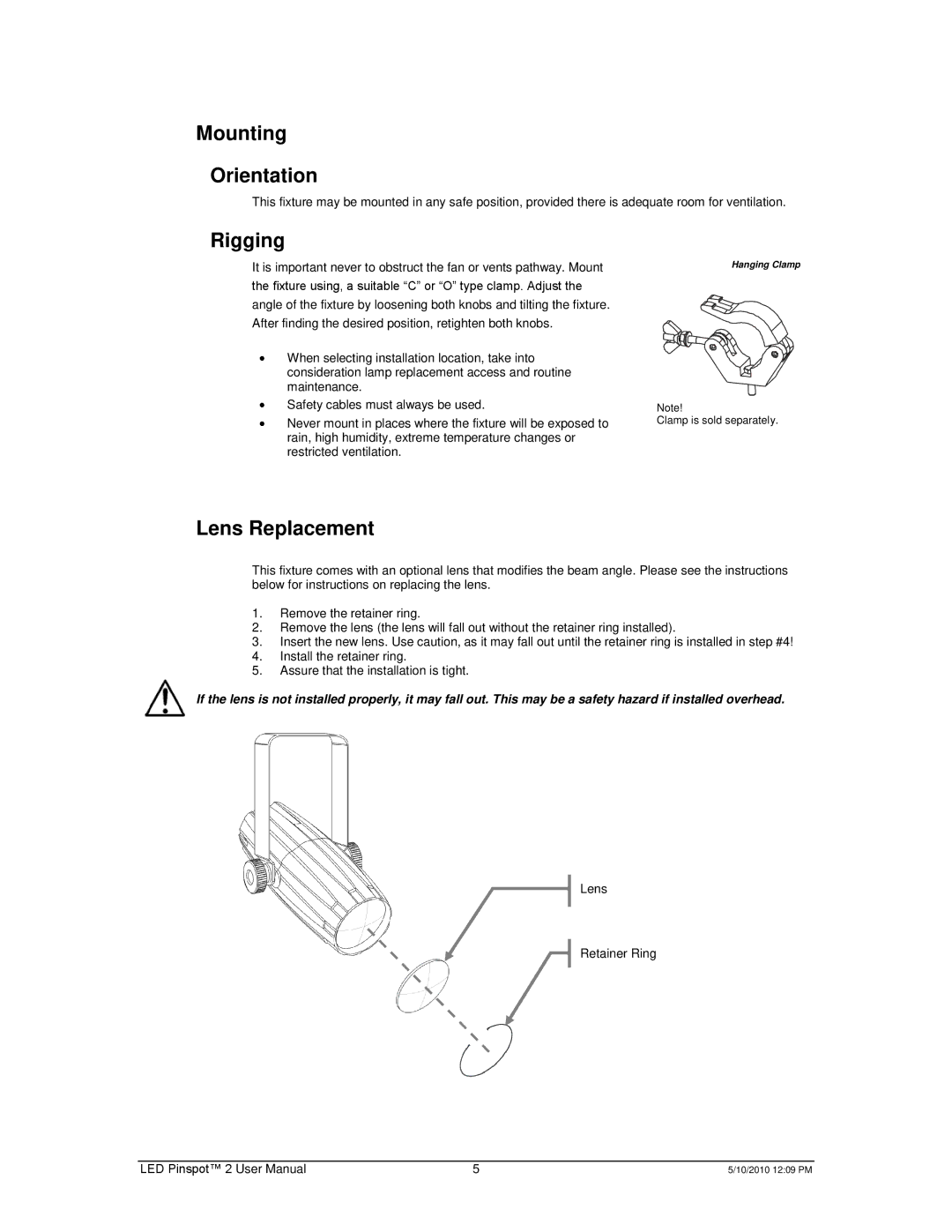 Chauvet Landscape Lighting user manual Mounting Orientation, Rigging, Lens Replacement 