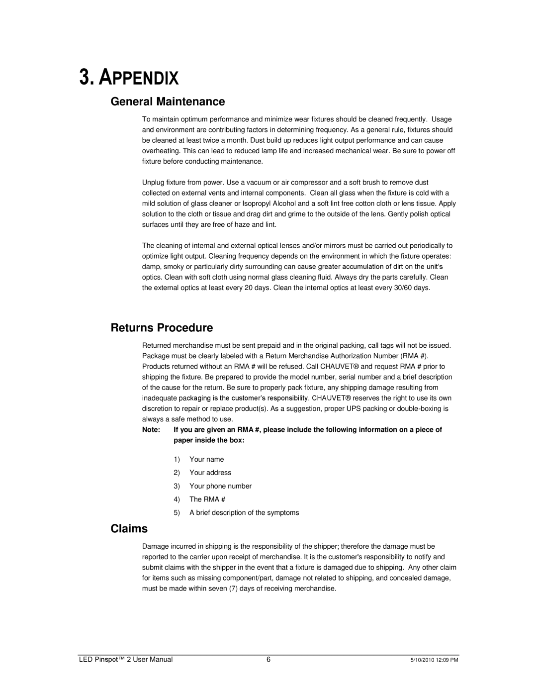 Chauvet Landscape Lighting user manual Appendix, General Maintenance, Returns Procedure, Claims 